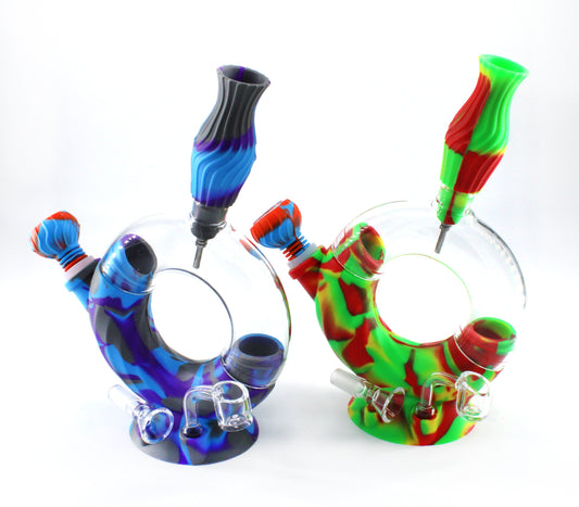 10" CIRCLE SILICONE WATER PIPE W/BANGER, STRAW, DAB JAR ASSORTED (1CT)