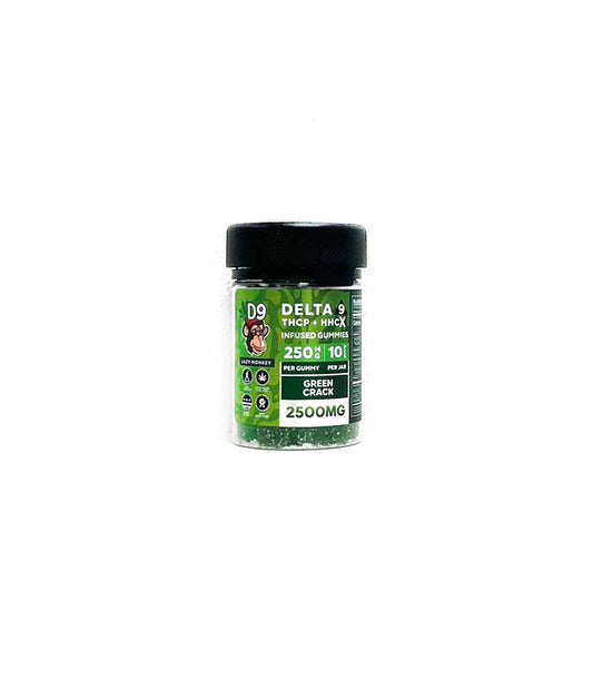 Lazy Monkey 2500mg/250mg D9+THCP+HHC-􀁘 10pcs Jar Gummies Sativa -Green Crack