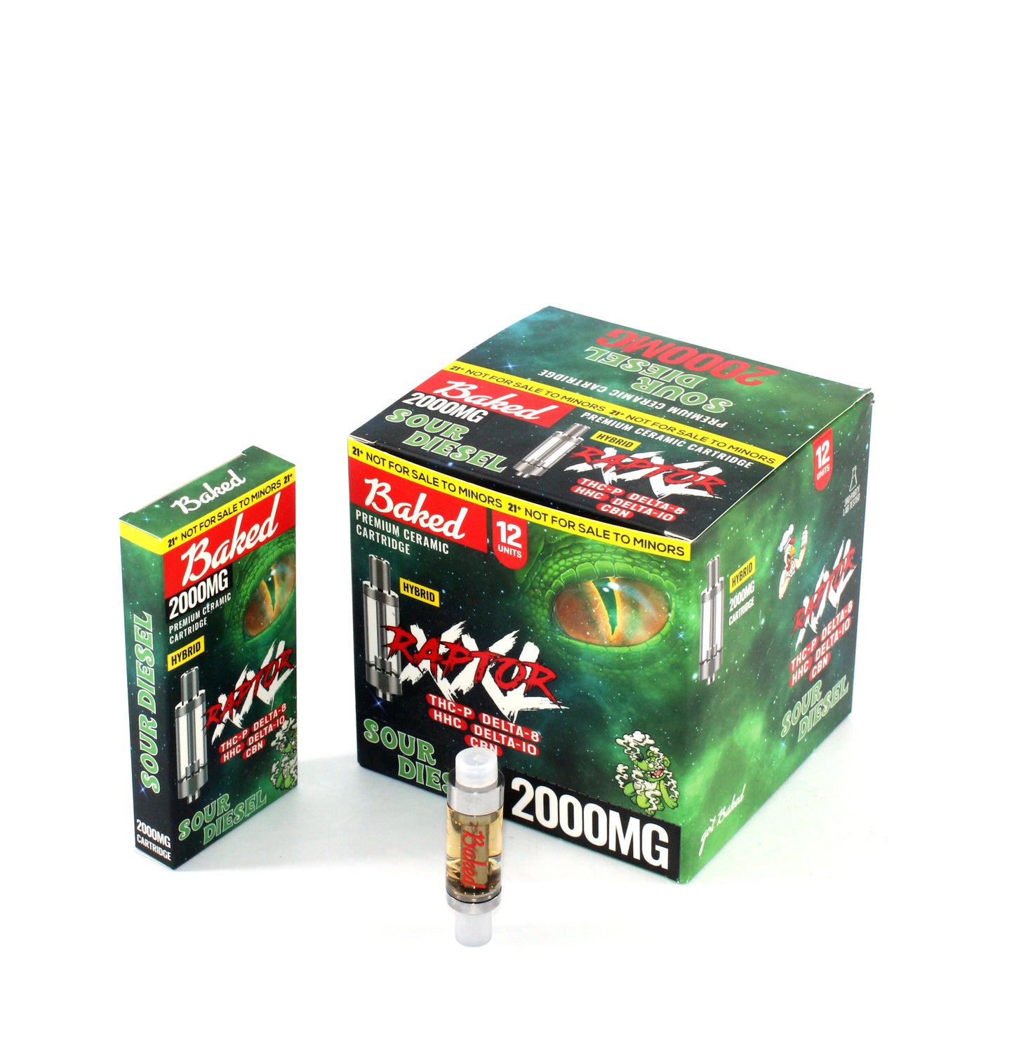 BAKED RAPTOR RED XXL THCP-D8-HHC-D10-CBN LIVE RESIN CART 2000MG SOUR DIESEL (12CT)