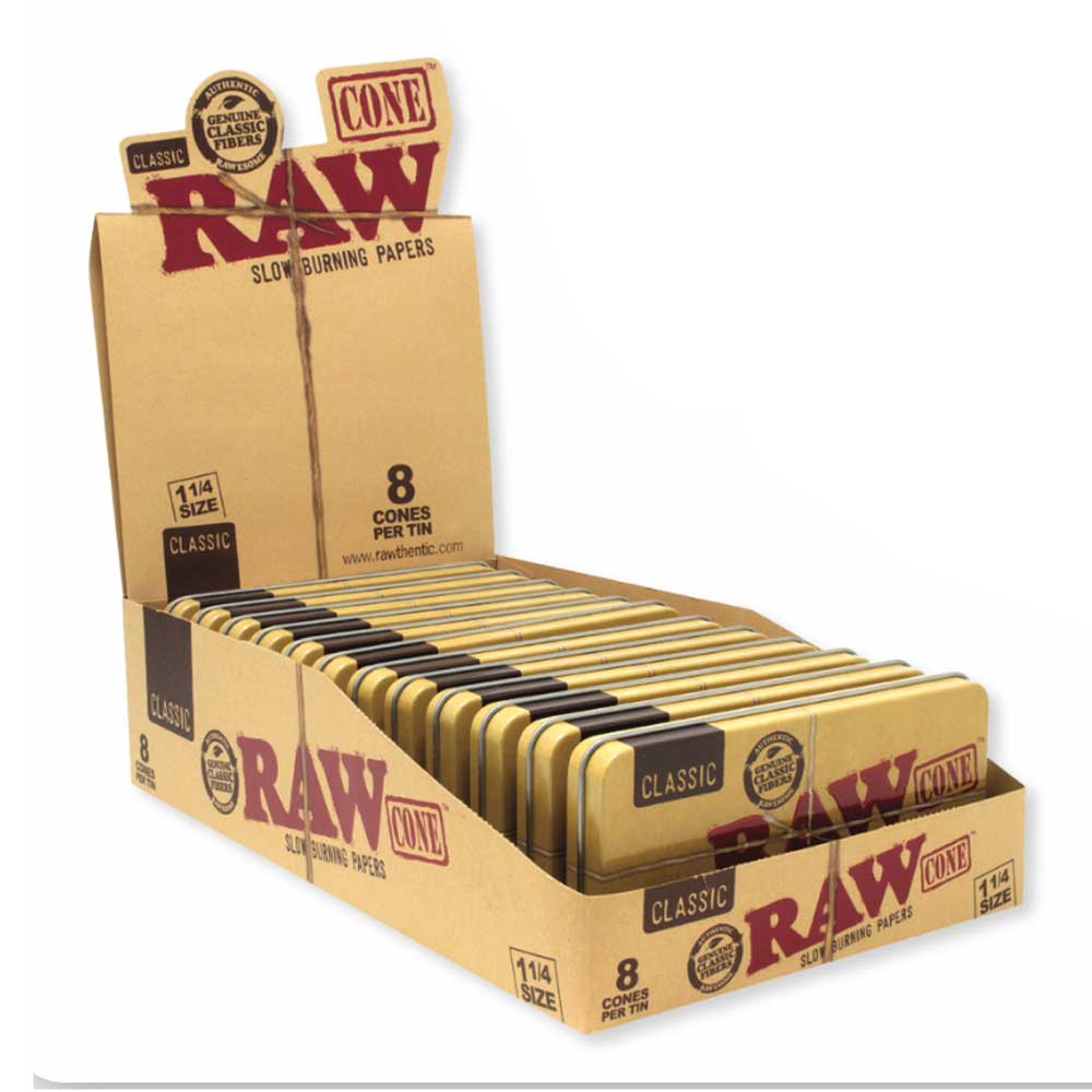 RAW METAL TIN 8-PACK CONES 1 1/4 SIZE - DISPLAY OF 12 (1 CT)