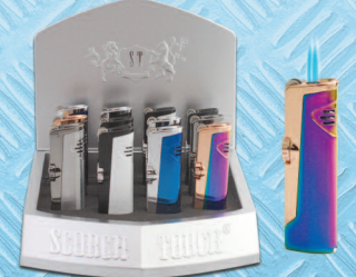 SCORCH TORCH 2T FLINT IGNITOR W/CIGAR PUNCH AND SEE THROUGH BUTANE ASSORTED TWO TONE COLORS (12 CT)