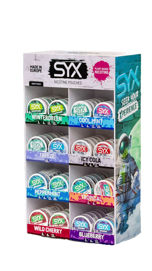 SYX NICOTINE POUCHES COUNTER DISPLAY 80 CAN ASSORTMENT 4X4 (1CT)