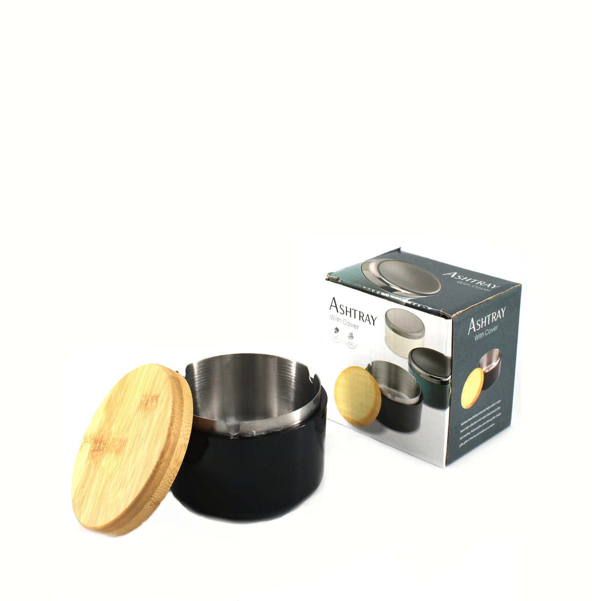METAL ASHTRAY W/BAMBOO COVER ASSORTED (1CT)
