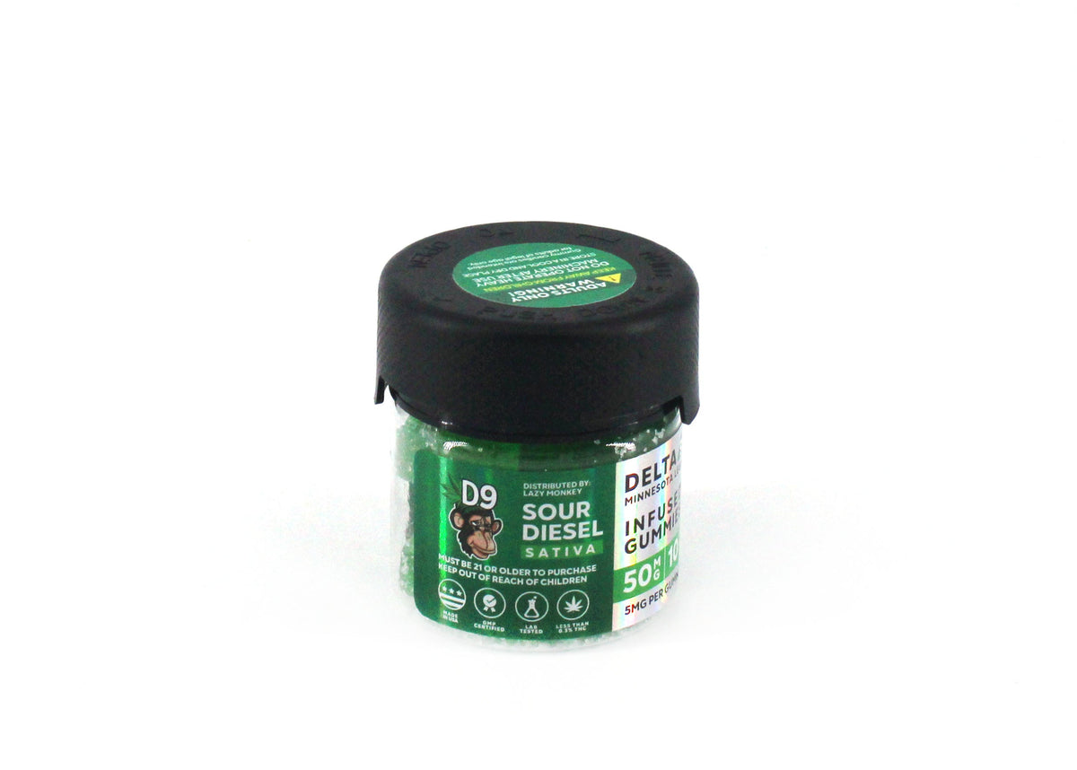 LAZY MONKEY D9 50MG INFUSED GUMMIES 10PK SOUR DIESEL (1CT)