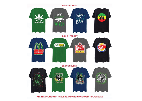 T-SHIRT PICK YOUR BOX (A,B,C) 48ct IN A BOX, 12 PCS PER DESIGN, ASSORTED SIZES (S-2X) AND COLORS (BLK, GRY, BLU, GRN, WHT, BUR).